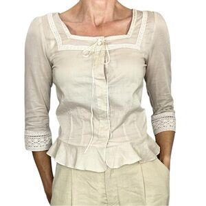 Esprit beige tan 100% cotton gauze milkmaid square neck lace trim ribbon top 9